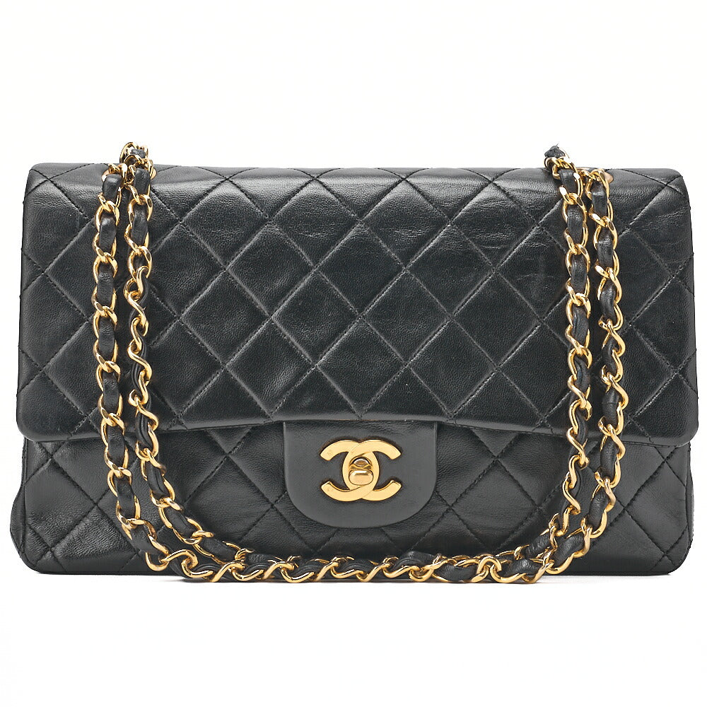 CHANEL Lambskin Matelasse Double Flap 25cm Chain Shoulder Black Gold-Tone Hardware, Pre-Owned