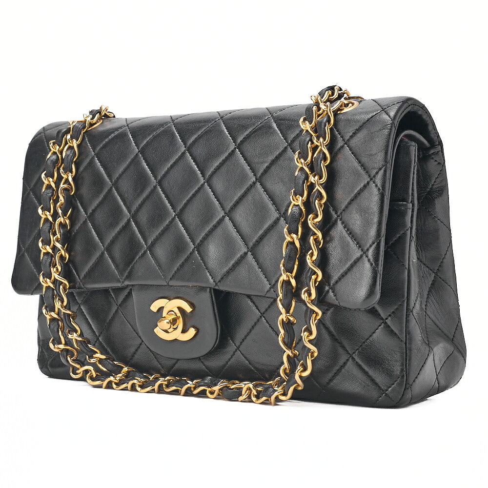 CHANEL Lambskin Matelasse Double Flap 25cm Chain Shoulder Black Gold-Tone Hardware, Pre-Owned