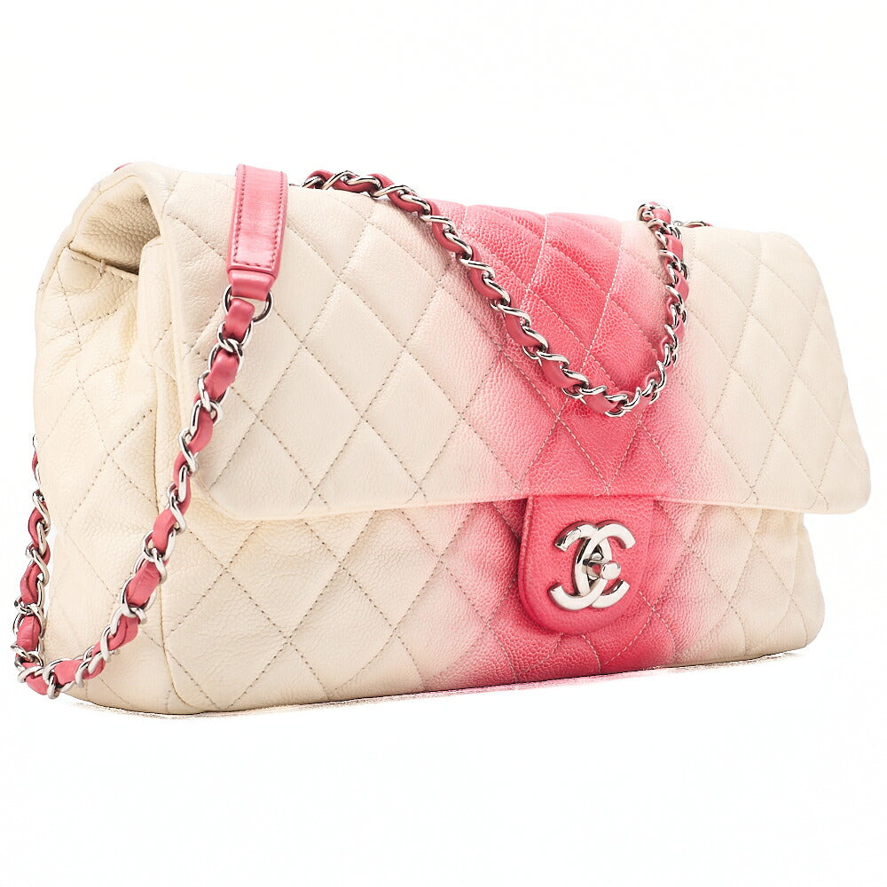 CHANEL Che Shoulder Bag Matelasse Caviar Skin Single Flap Bicolor White x Red Silver-Tone Hardware, Pre-Owned
