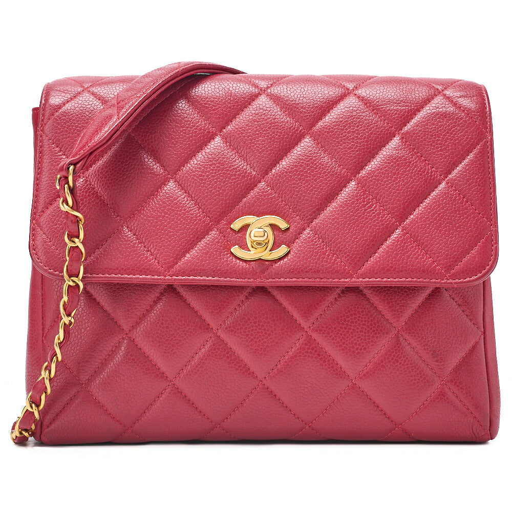 CHANEL Caviar Skin Matelasse Single Square Chain Shoulder Red Gold-Tone Hardware, Pre-Owned