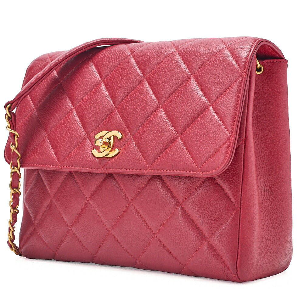 CHANEL Caviar Skin Matelasse Single Square Chain Shoulder Red Gold-Tone Hardware, Pre-Owned
