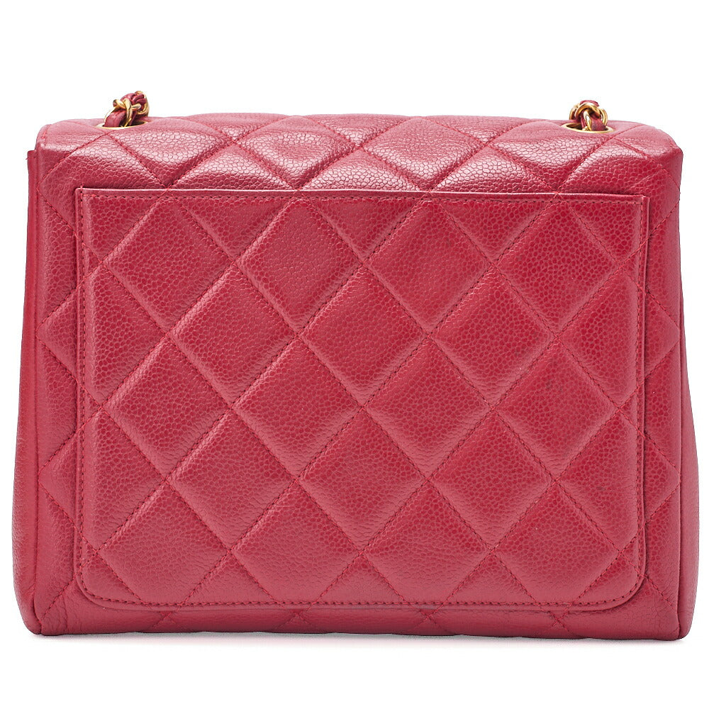 CHANEL Caviar Skin Matelasse Single Square Chain Shoulder Red Gold-Tone Hardware, Pre-Owned