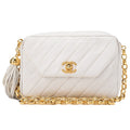 CHANEL Lambskin Diagonal Stitch Fringe Bijou Chain Shoulder White Gold-Tone Hardware, Pre-Owned