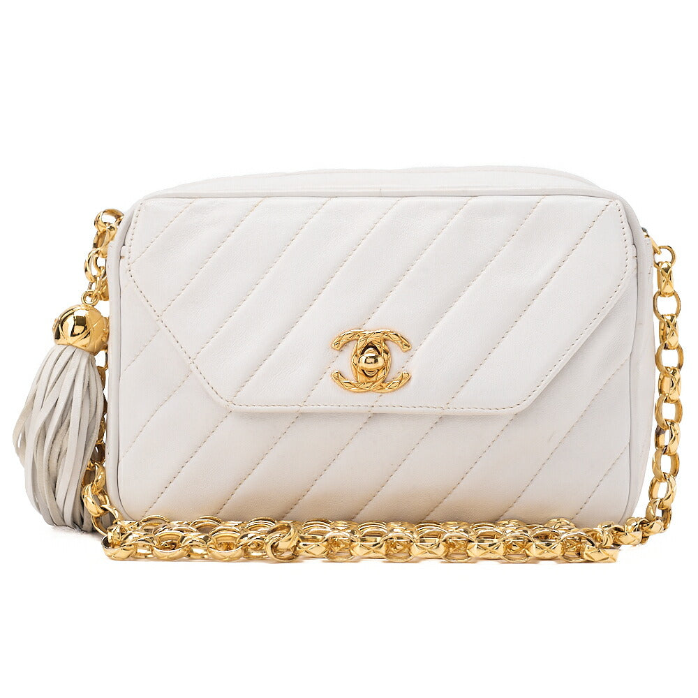 CHANEL Lambskin Diagonal Stitch Fringe Bijou Chain Shoulder White Gold-Tone Hardware, Pre-Owned