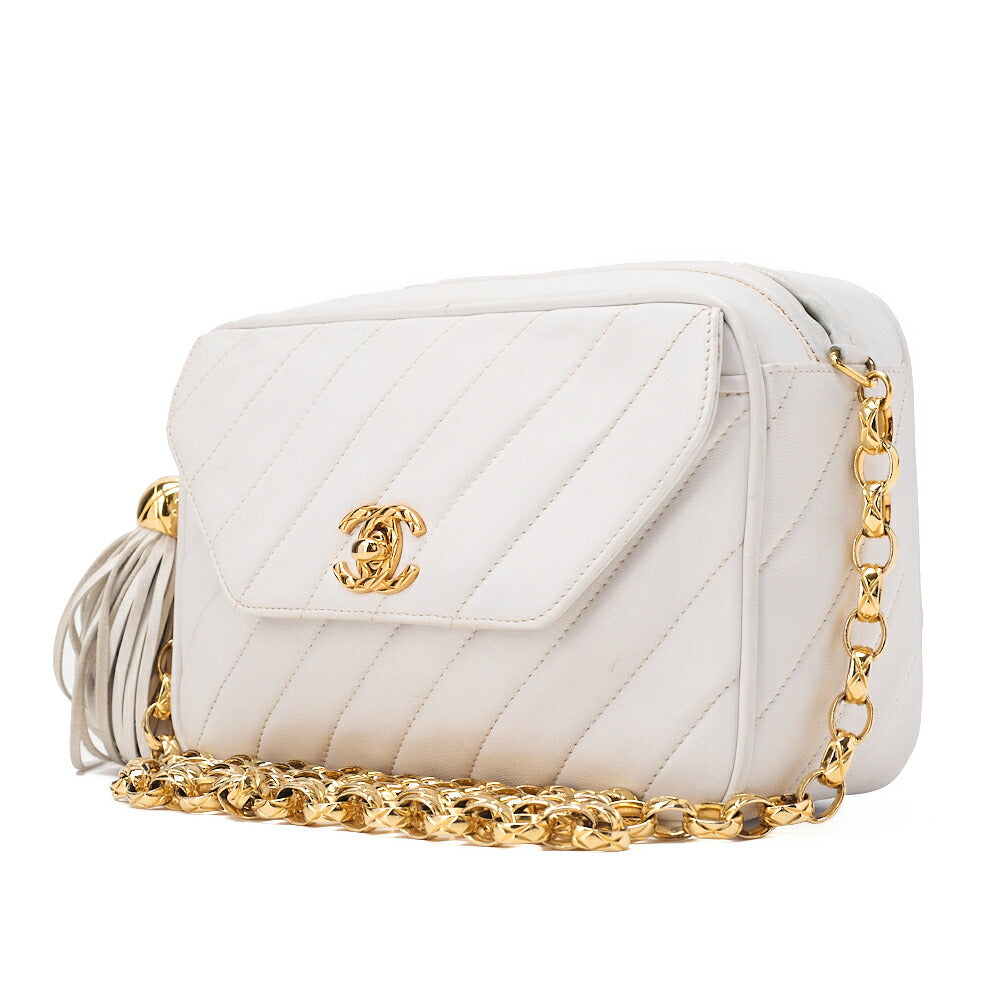 CHANEL Lambskin Diagonal Stitch Fringe Bijou Chain Shoulder White Gold-Tone Hardware, Pre-Owned