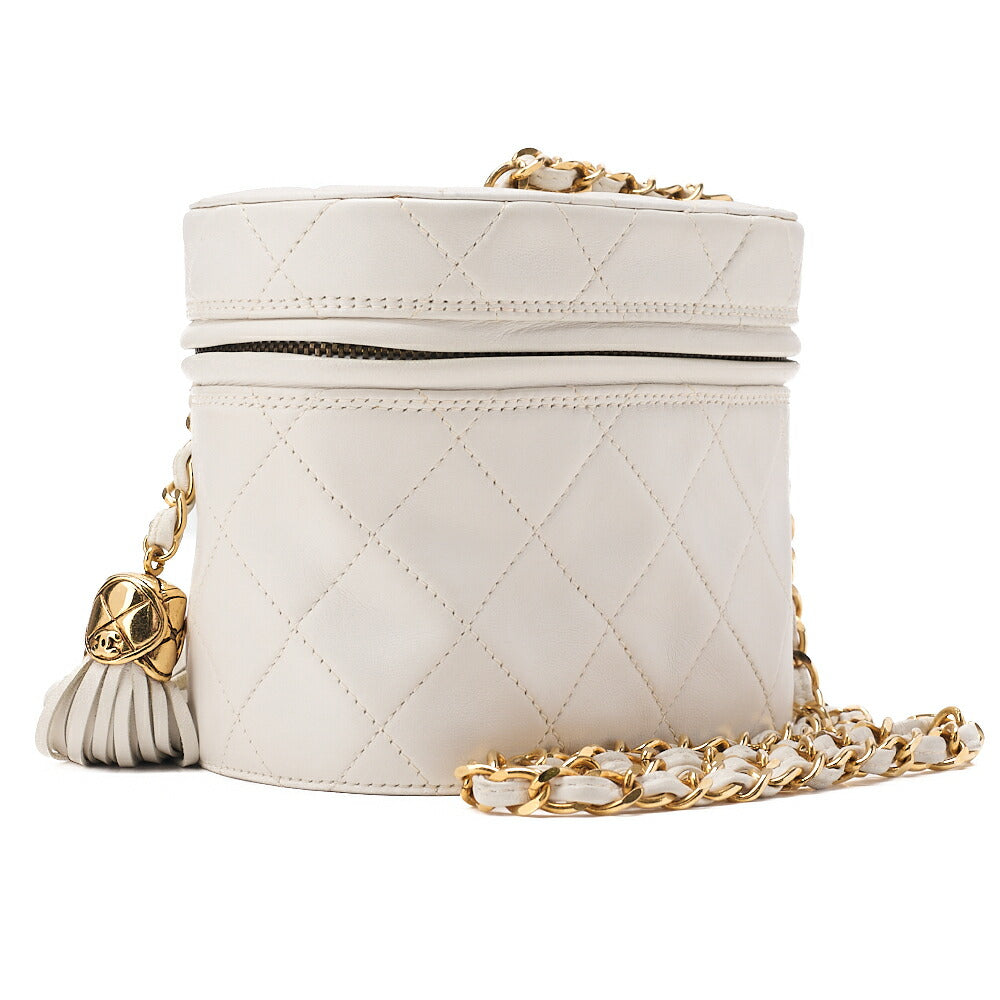 CHANEL Lambskin Matelasse Fringe with Lid Chain Shoulder White Gold-Tone Hardware, Pre-Owned
