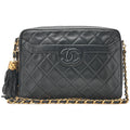 CHANEL Lambskin Matelasse Coco Mark Fringe Chain Shoulder Black Gold-Tone Hardware, Pre-Owned