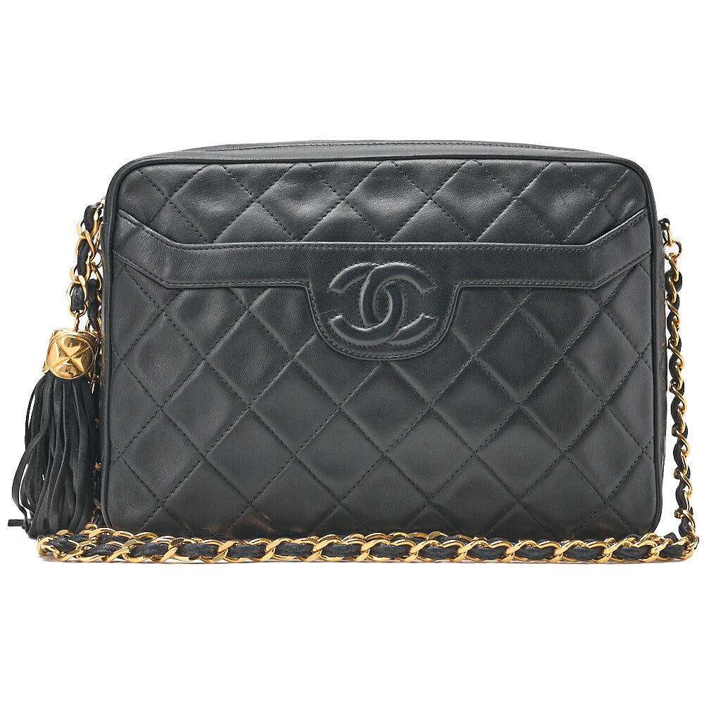 CHANEL Lambskin Matelasse Coco Mark Fringe Chain Shoulder Black Gold-Tone Hardware, Pre-Owned