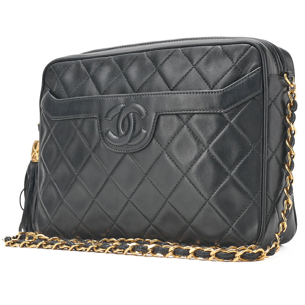 CHANEL Lambskin Matelasse Coco Mark Fringe Chain Shoulder Black Gold-Tone Hardware, Pre-Owned