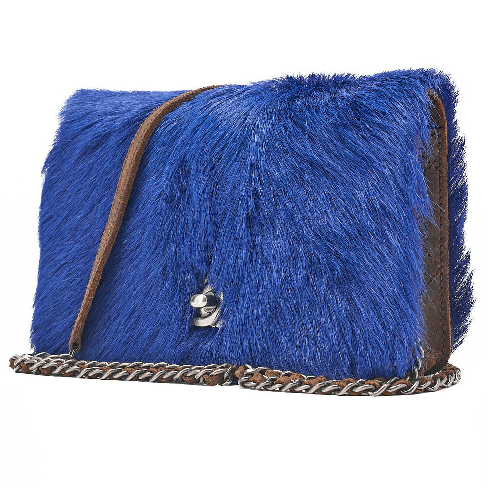 CHANEL Shoulder Bag Vintage Calffur Matelasse Chain Wallet Blue x Brown Silver-Tone Hardware, Pre-Owned