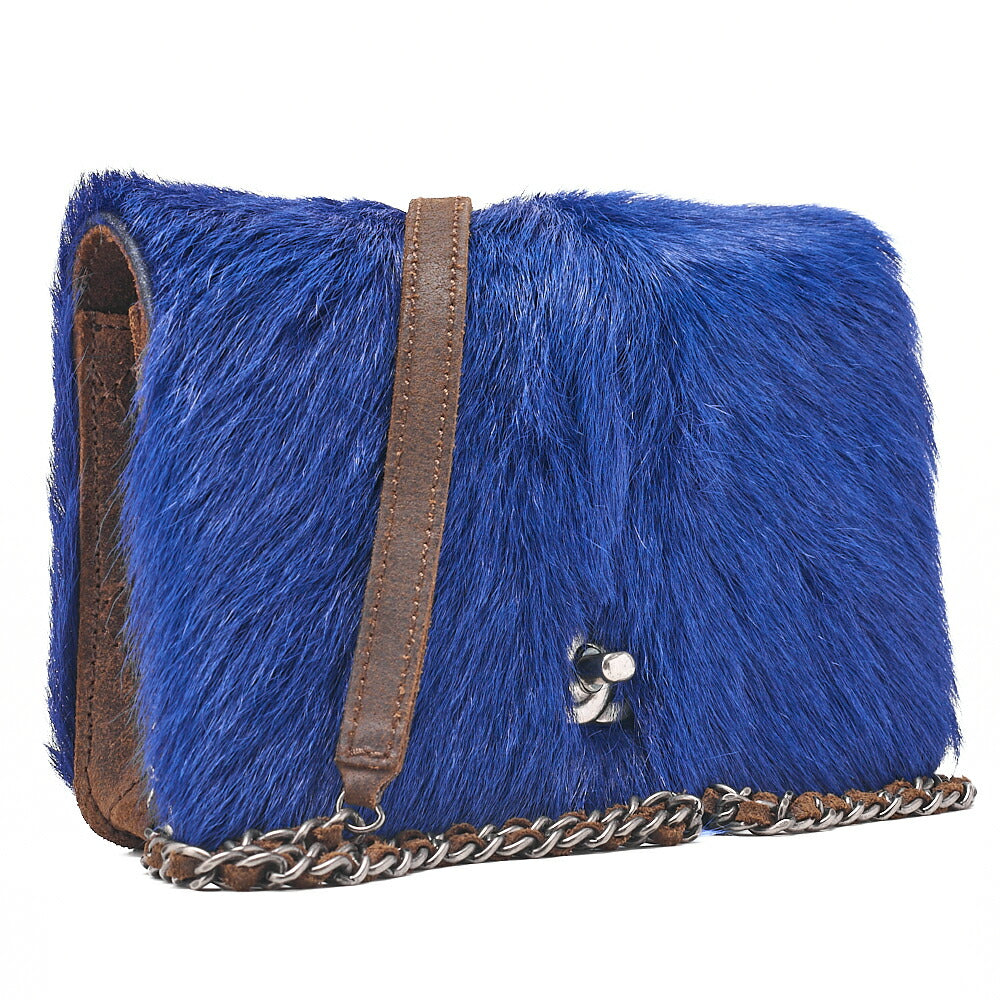 CHANEL Shoulder Bag Vintage Calffur Matelasse Chain Wallet Blue x Brown Silver-Tone Hardware, Pre-Owned