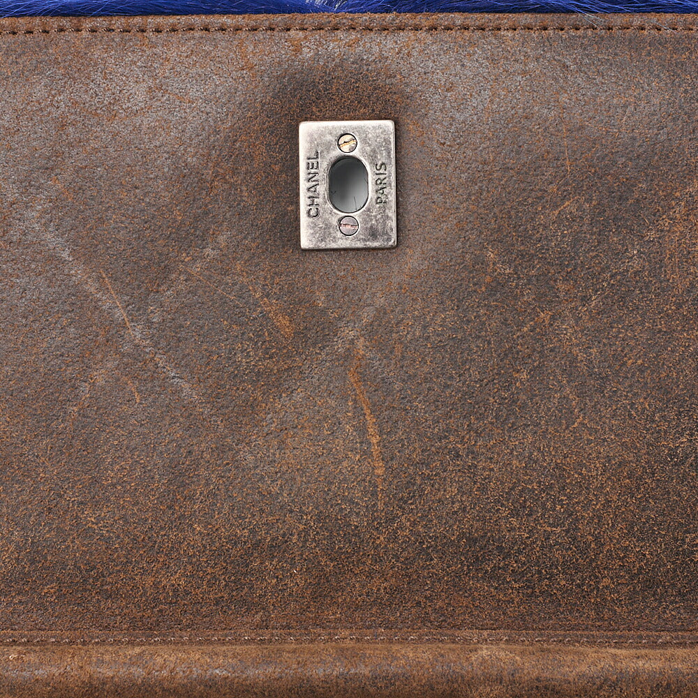 CHANEL Shoulder Bag Vintage Calffur Matelasse Chain Wallet Blue x Brown Silver-Tone Hardware, Pre-Owned