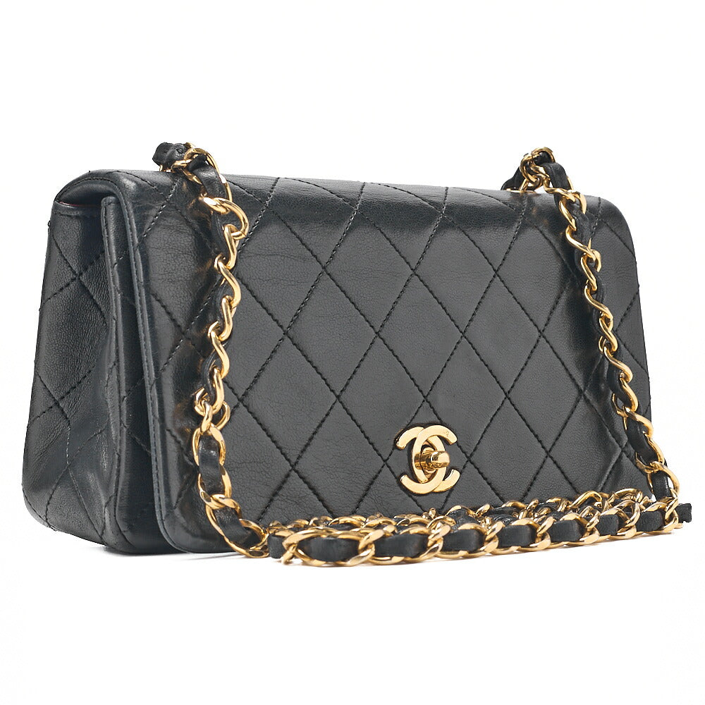 CHANEL Lambskin Mini Matelasse Full Flap Chain Shoulder Black Gold-Tone Hardware, Pre-Owned