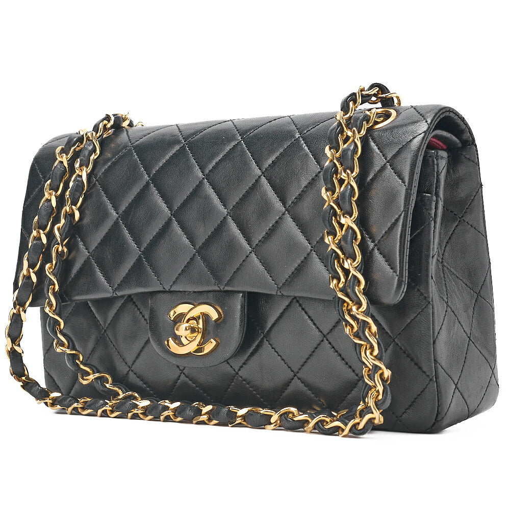 CHANEL Matelasse Double Flap 23cm Chain Shoulder Lambskin Black Gold-Tone Hardware, Pre-Owned