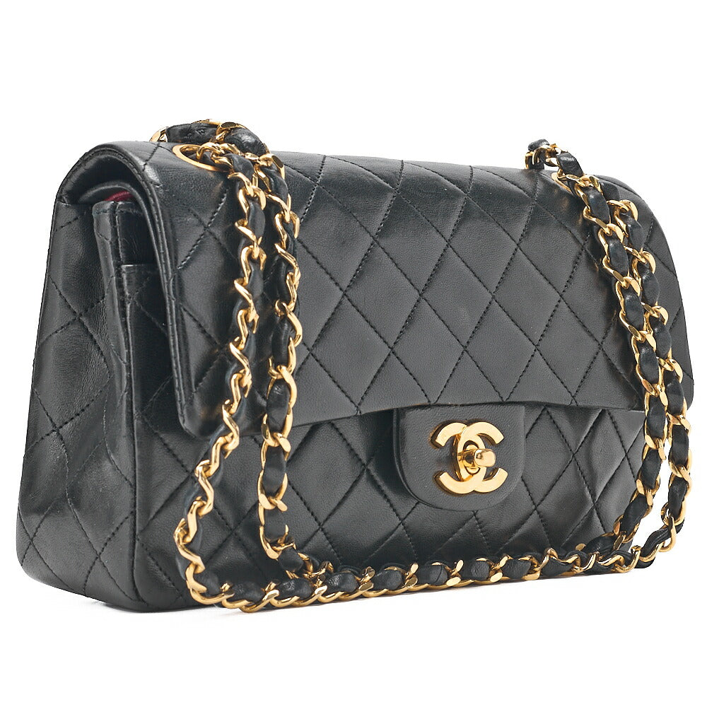 CHANEL Matelasse Double Flap 23cm Chain Shoulder Lambskin Black Gold-Tone Hardware, Pre-Owned