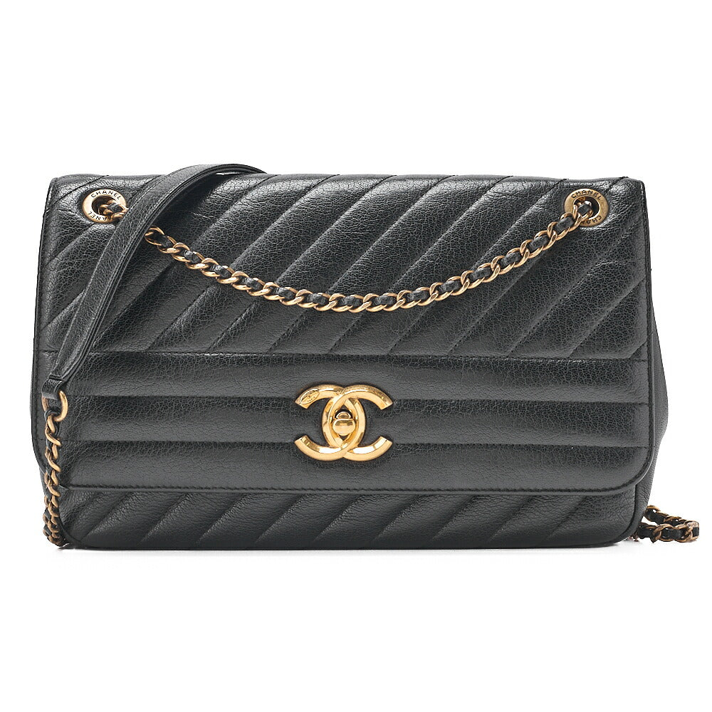 CHANEL Leather Bias Stitch Single Chain Shoulder Black Gold-Tone Hardware, Pre-Owned