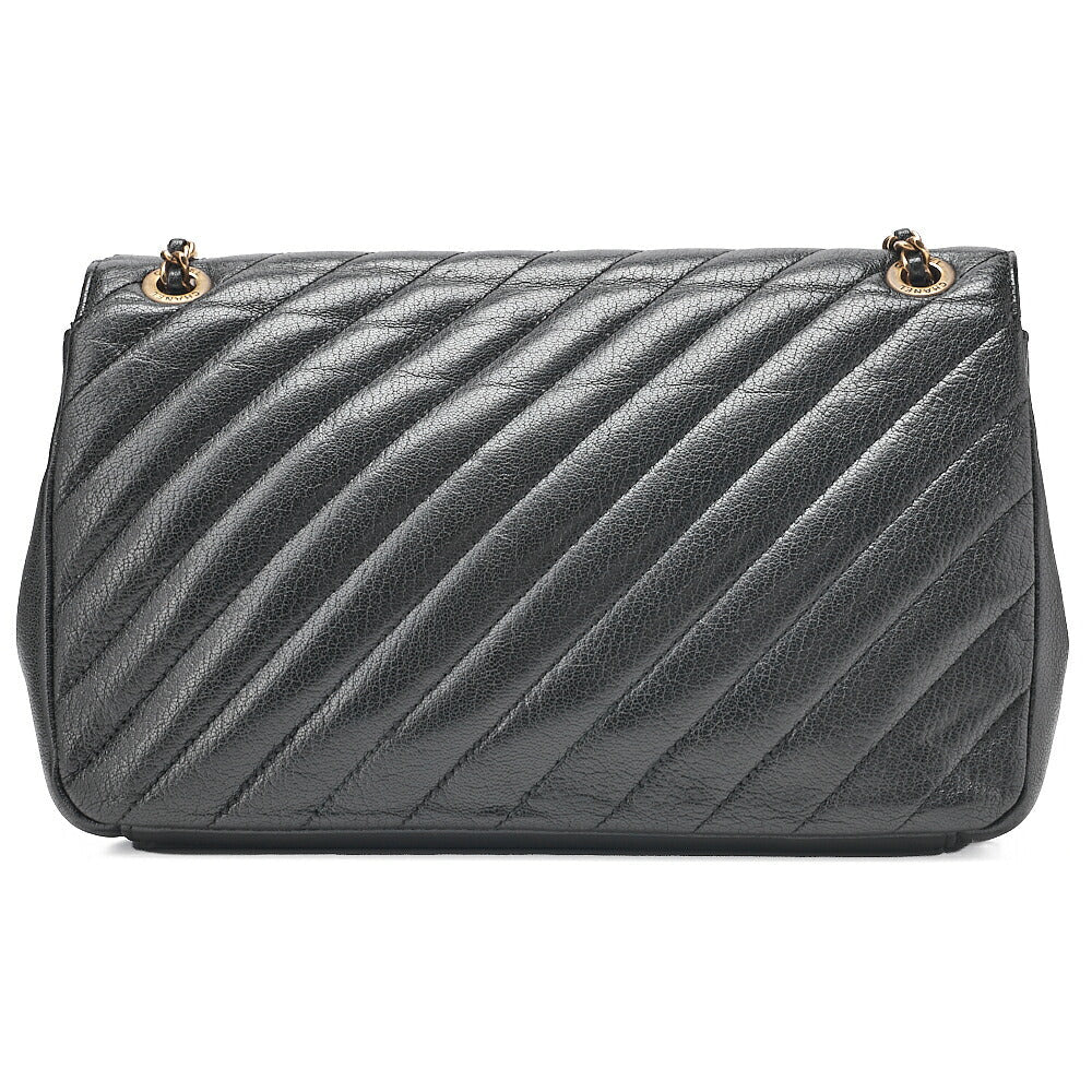 CHANEL Leather Bias Stitch Single Chain Shoulder Black Gold-Tone Hardware, Pre-Owned