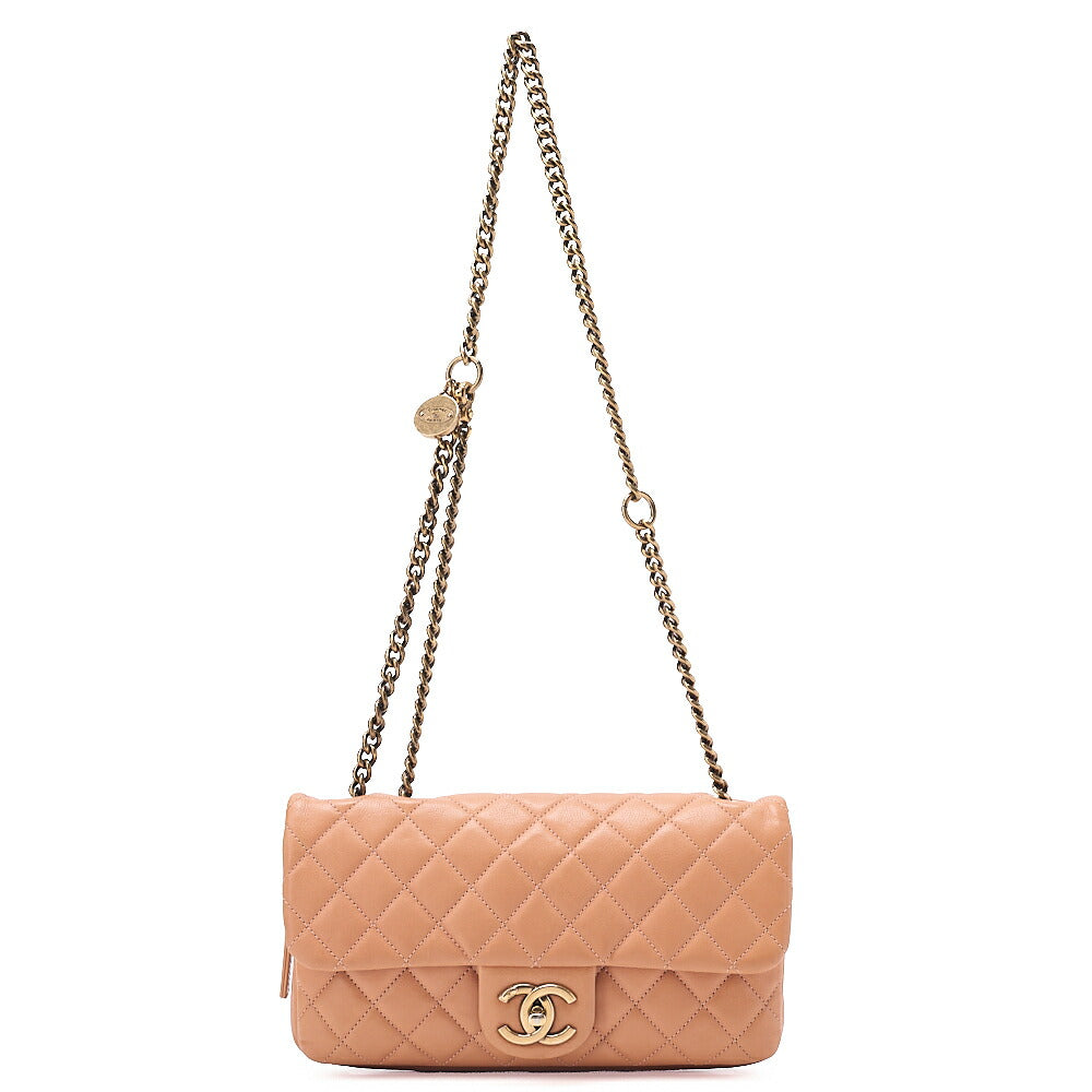 CHANEL Lambskin Matelasse 25cm Single Flap Logo Chain Shoulder Beige Gold-Tone Hardware, Pre-Owned