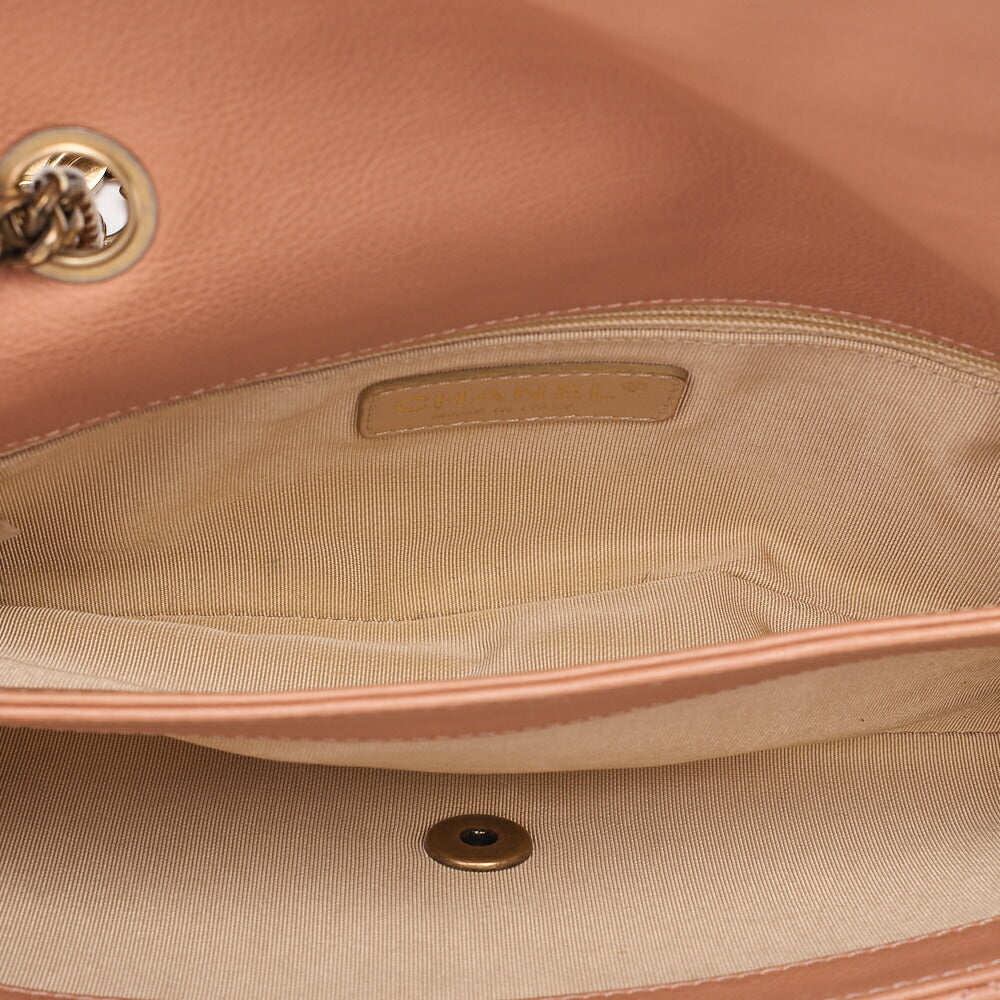 CHANEL Lambskin Matelasse 25cm Single Flap Logo Chain Shoulder Beige Gold-Tone Hardware, Pre-Owned