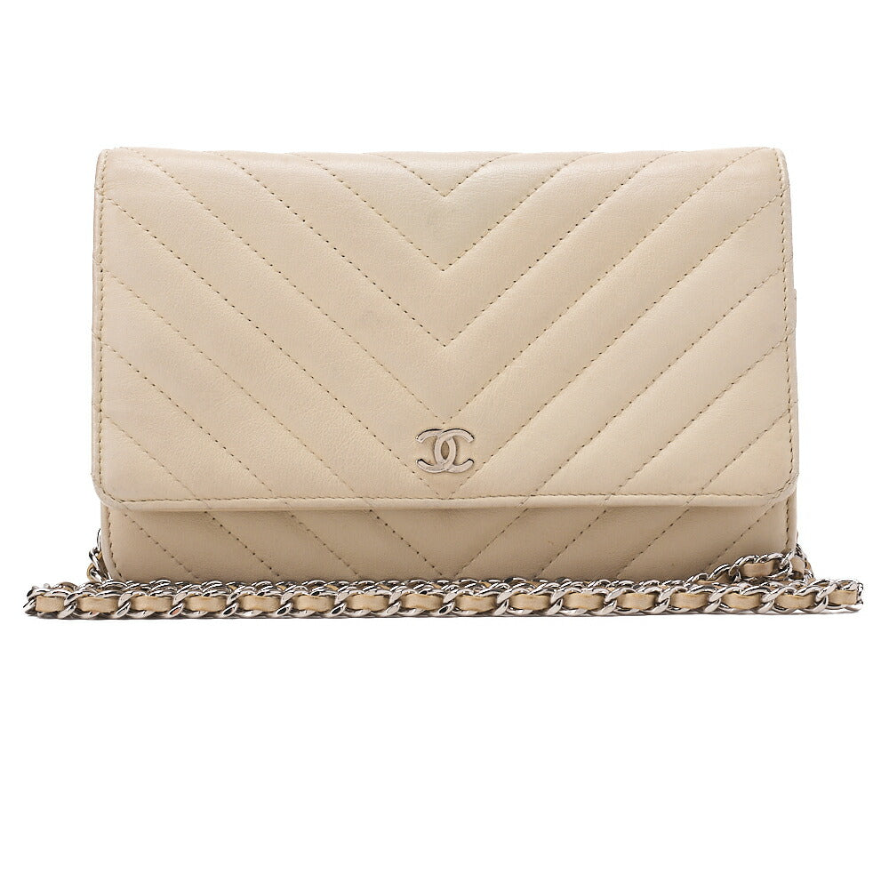 CHANEL Chain Wallet Matelasse V-Stitch Lambskin Beige Silver-Tone Hardware, Pre-Owned