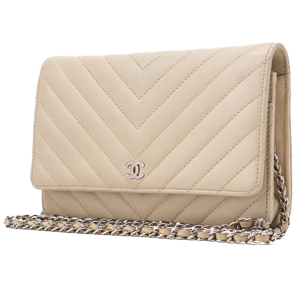 CHANEL Chain Wallet Matelasse V-Stitch Lambskin Beige Silver-Tone Hardware, Pre-Owned