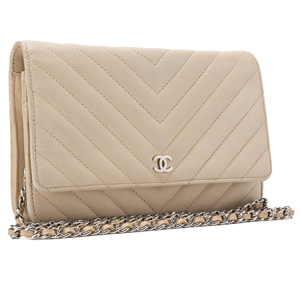 CHANEL Chain Wallet Matelasse V-Stitch Lambskin Beige Silver-Tone Hardware, Pre-Owned