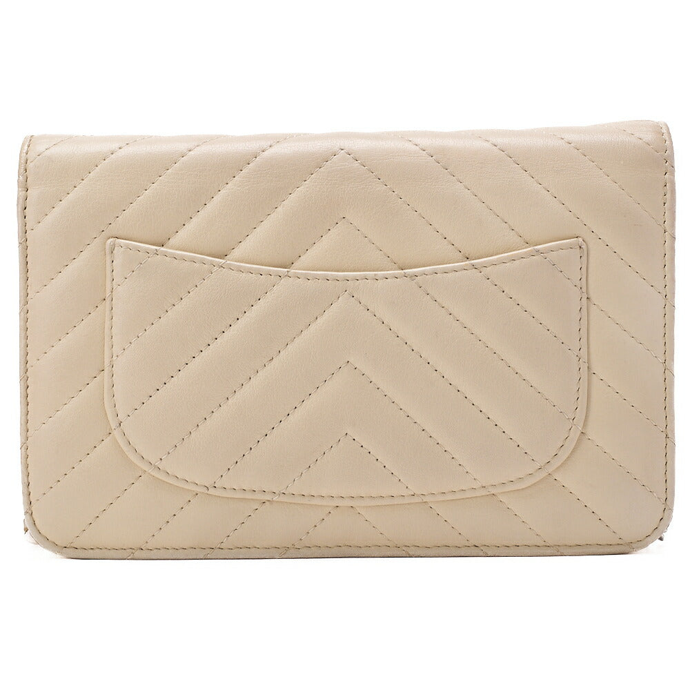 CHANEL Chain Wallet Matelasse V-Stitch Lambskin Beige Silver-Tone Hardware, Pre-Owned