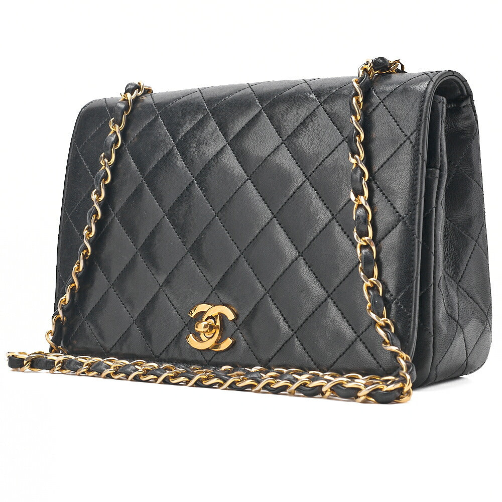 CHANEL Lambskin Matelasse Full Flap 22cm Turn Lock Chain Shoulder Black Gold-Tone Hardware, Pre-Owned