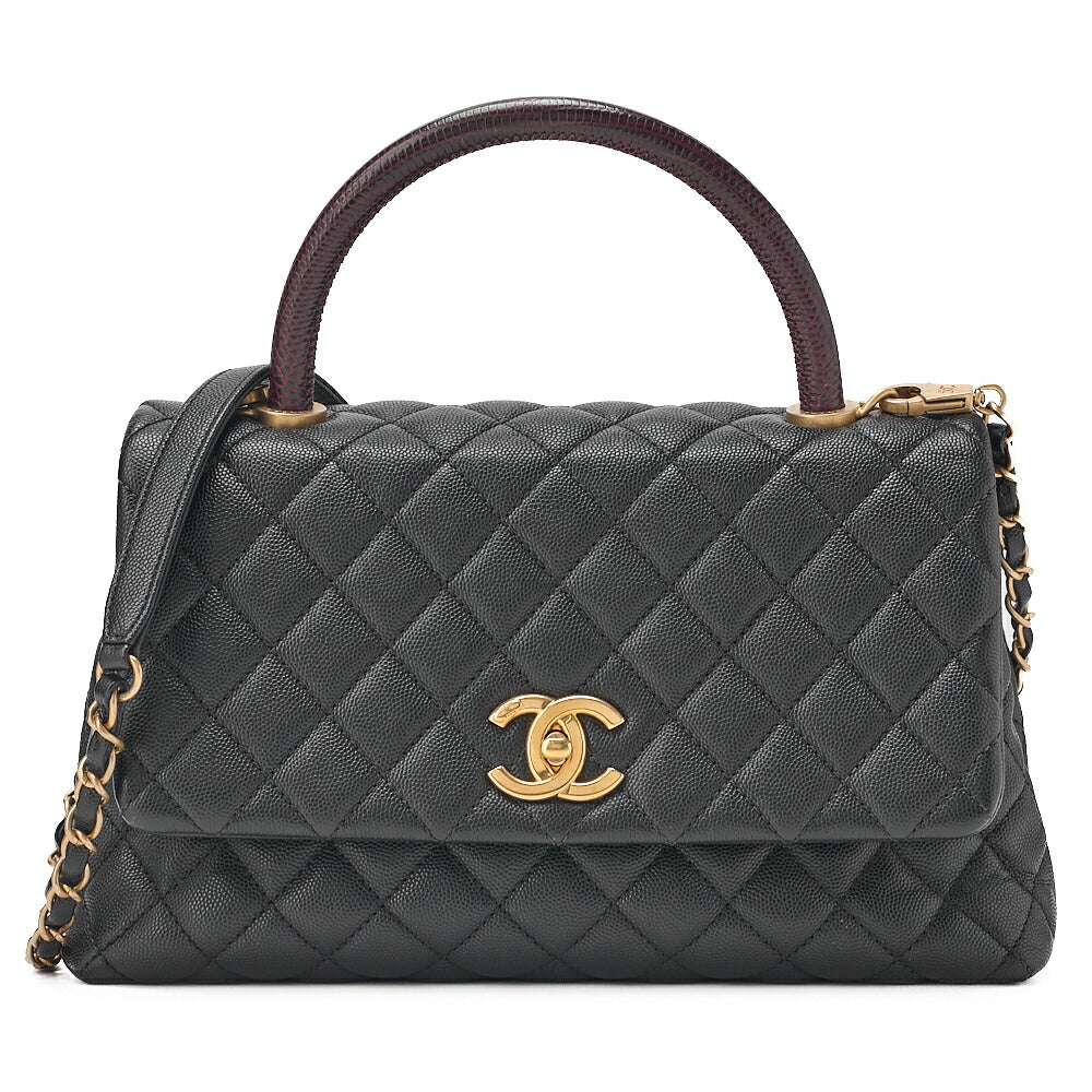 CHANEL Shoulder Bag Matelasse Coco Handle 29 S 2WAY Handbag Caviar Skin x Lizard Black x Bordeaux Gold-Tone Hardware, Pre-Owned