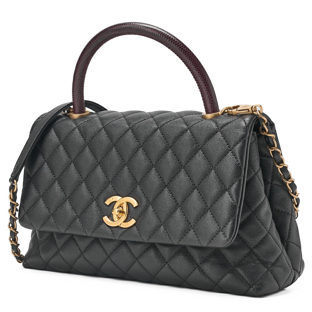 CHANEL Shoulder Bag Matelasse Coco Handle 29 S 2WAY Handbag Caviar Skin x Lizard Black x Bordeaux Gold-Tone Hardware, Pre-Owned