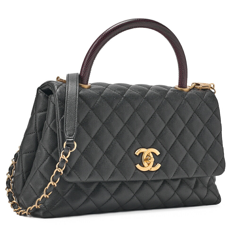 CHANEL Shoulder Bag Matelasse Coco Handle 29 S 2WAY Handbag Caviar Skin x Lizard Black x Bordeaux Gold-Tone Hardware, Pre-Owned