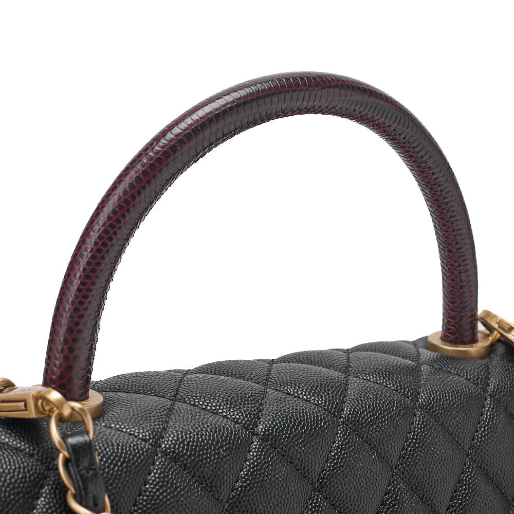 CHANEL Shoulder Bag Matelasse Coco Handle 29 S 2WAY Handbag Caviar Skin x Lizard Black x Bordeaux Gold-Tone Hardware, Pre-Owned