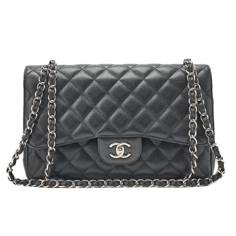 CHANEL Caviar Skin Deka Matelasse 30cm Double Flap Chain Shoulder Bag Black Silver-Tone Hardware, Pre-Owned
