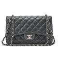 CHANEL Caviar Skin Deka Matelasse 30cm Double Flap Chain Shoulder Bag Black Silver-Tone Hardware, Pre-Owned