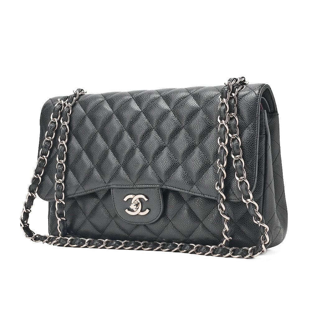 CHANEL Caviar Skin Deka Matelasse 30cm Double Flap Chain Shoulder Bag Black Silver-Tone Hardware, Pre-Owned