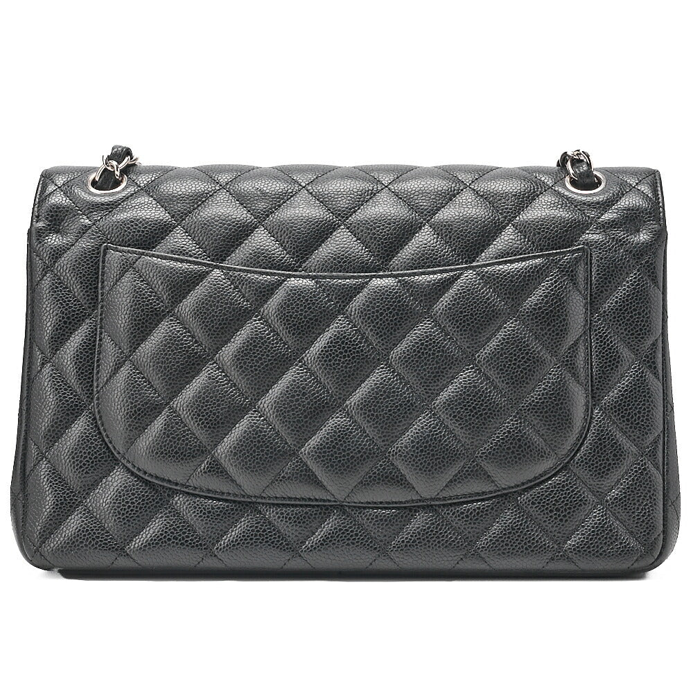 CHANEL Caviar Skin Deka Matelasse 30cm Double Flap Chain Shoulder Bag Black Silver-Tone Hardware, Pre-Owned