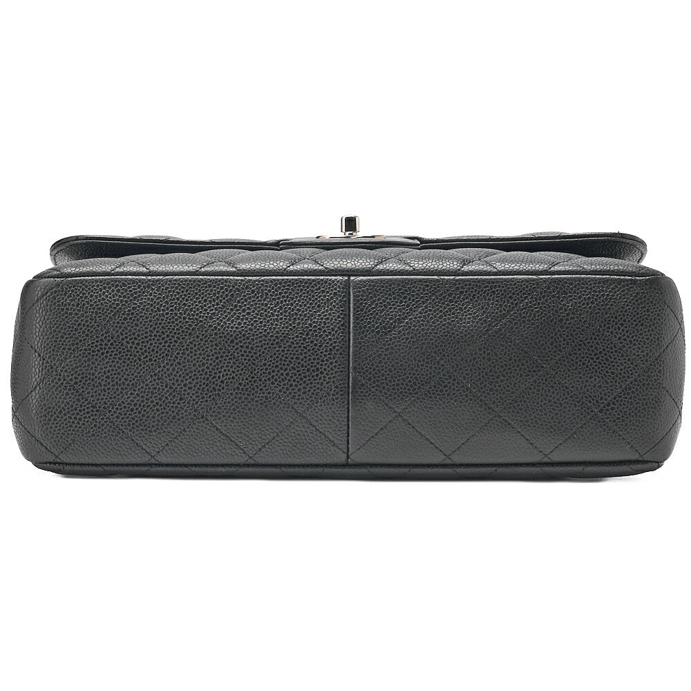 CHANEL Caviar Skin Deka Matelasse 30cm Double Flap Chain Shoulder Bag Black Silver-Tone Hardware, Pre-Owned