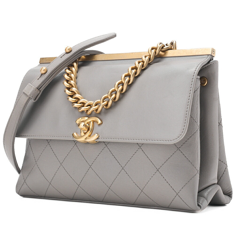 CHANEL Lambskin Matelasse Outside Flap 2WAY Chain Shoulder Gray Gold-Tone Hardware, Pre-Owned