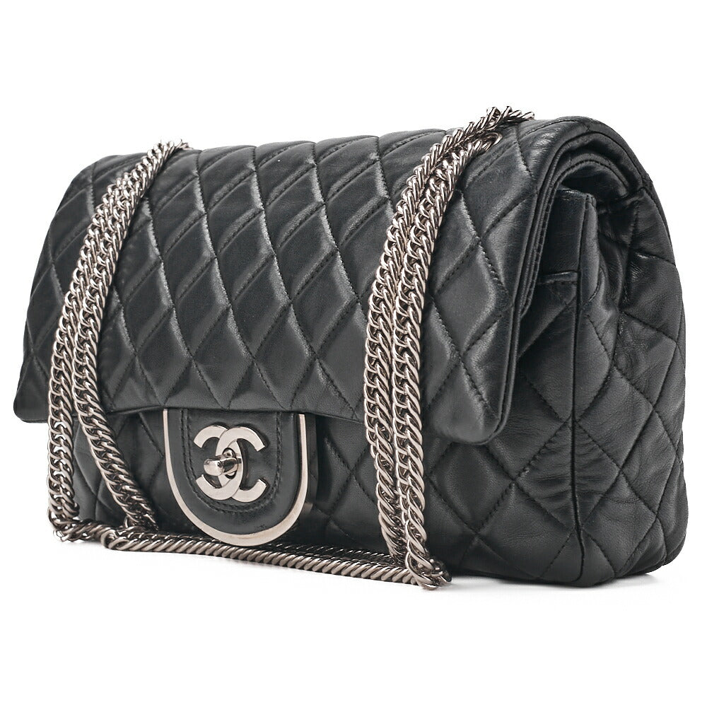 CHANEL Chain Shoulder Bag Matelasse Double Flap Lambskin Black Silver-Tone Hardware, Pre-Owned