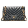 CHANEL Lambskin Deka Matelasse Chevron 30cm Double Flap Chain Shoulder Bag Black Gold-Tone Hardware, Pre-Owned