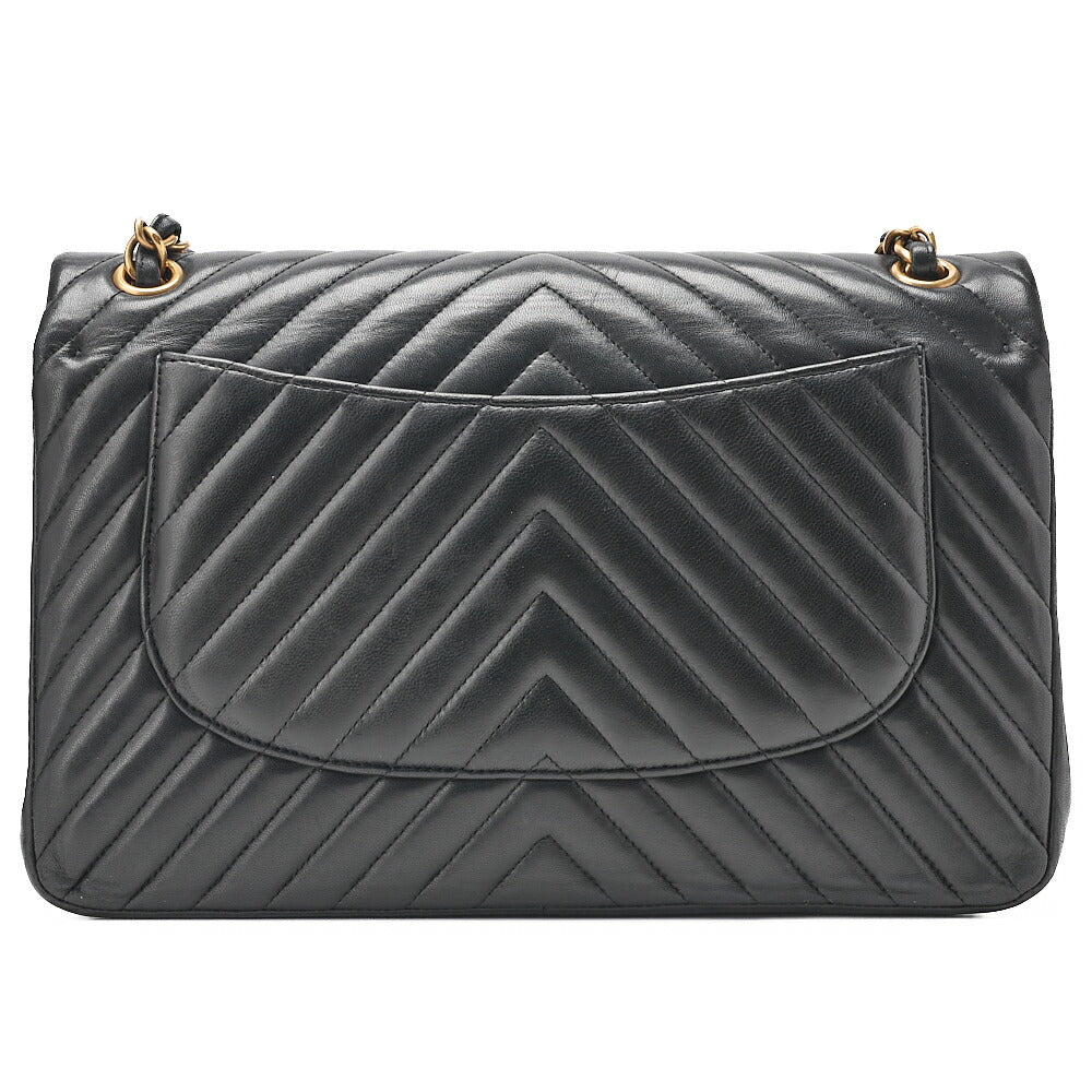 CHANEL Lambskin Deka Matelasse Chevron 30cm Double Flap Chain Shoulder Bag Black Gold-Tone Hardware, Pre-Owned