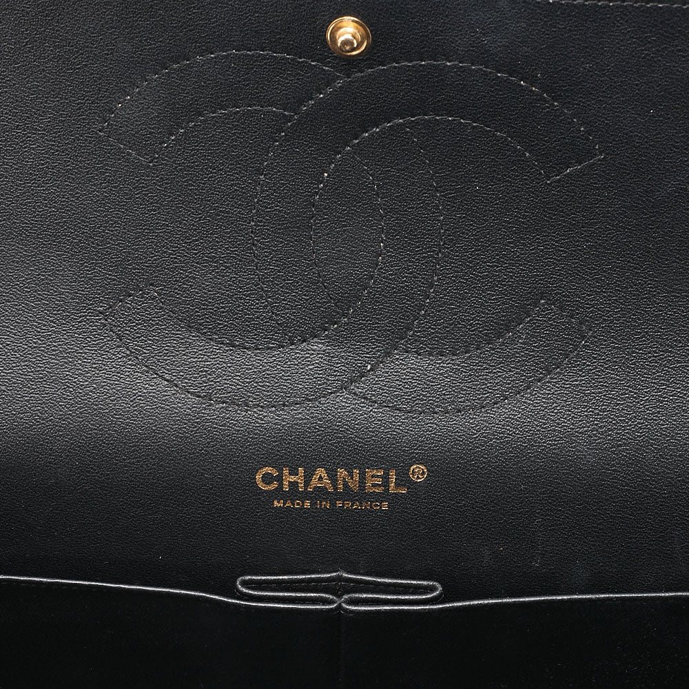 CHANEL Lambskin Deka Matelasse Chevron 30cm Double Flap Chain Shoulder Bag Black Gold-Tone Hardware, Pre-Owned