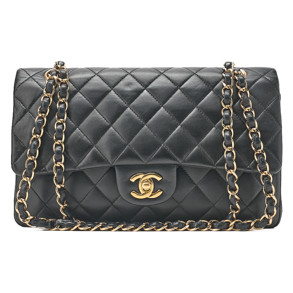 CHANEL Chain Shoulder Bag Matelasse Double Flap 25cm Lambskin Black Gold-Tone Hardware, Pre-Owned