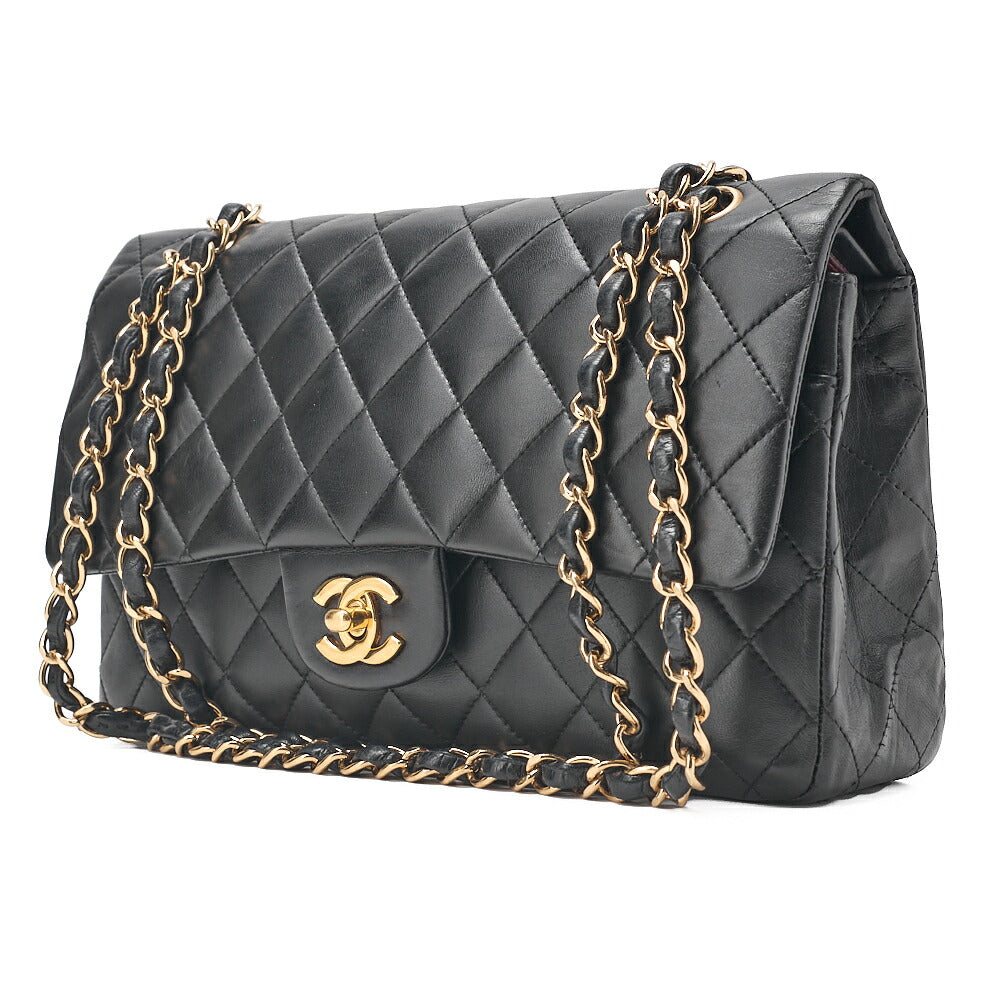 CHANEL Chain Shoulder Bag Matelasse Double Flap 25cm Lambskin Black Gold-Tone Hardware, Pre-Owned