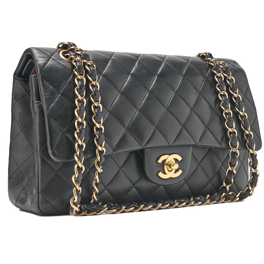 CHANEL Chain Shoulder Bag Matelasse Double Flap 25cm Lambskin Black Gold-Tone Hardware, Pre-Owned