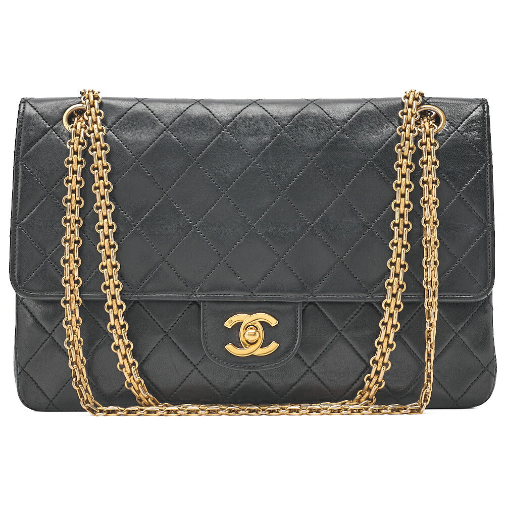 CHANEL Lambskin Matelasse Straight Flap Tang Lock Double Flap Chain Shoulder Bag Black Gold-Tone Hardware, Pre-Owned