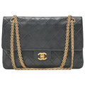 CHANEL Lambskin Matelasse Straight Flap Tang Lock Double Flap Chain Shoulder Bag Black Gold-Tone Hardware, Pre-Owned