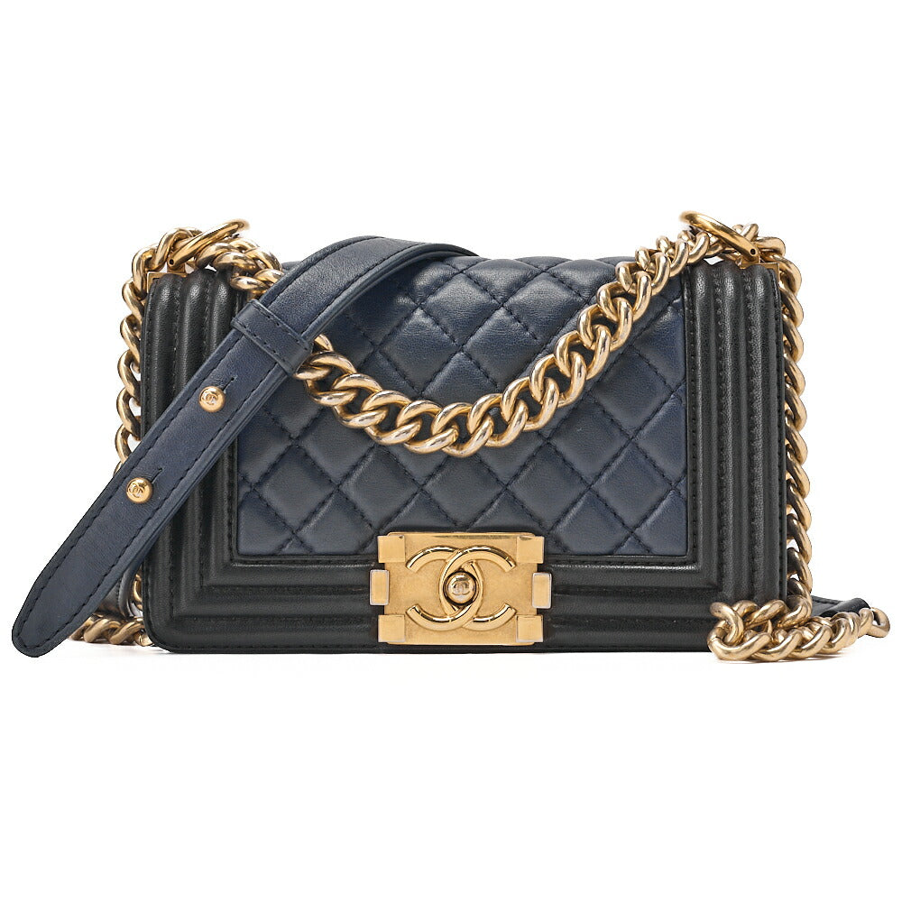 CHANEL Lambskin Matelasse Boy Chanel 20 Chain Shoulder Navy x Black Gold-Tone Hardware, Pre-Owned