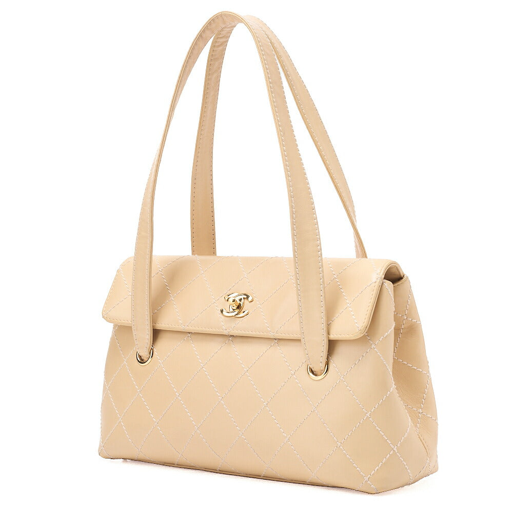 CHANEL Coco Mark Wild Stitch Flap Tote Bag Calf Leather Beige Gold-Tone Hardware, Pre-Owned