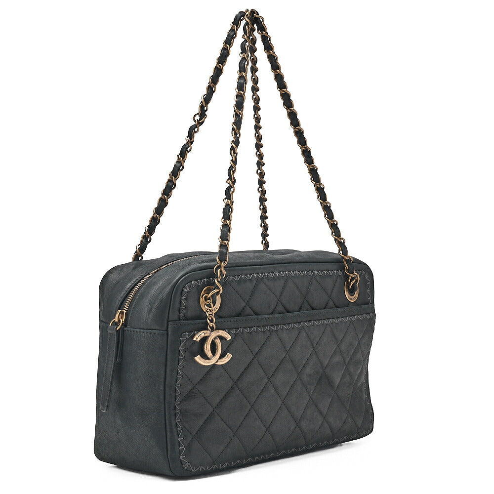 CHANEL Sparkle Leather Matelasse with Coco Charm Double Chain Shoulder Black Gold-Tone Hardware, Pre-Owned